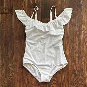 Lands' End White Paisley Ruffle One Piece Swimsuit